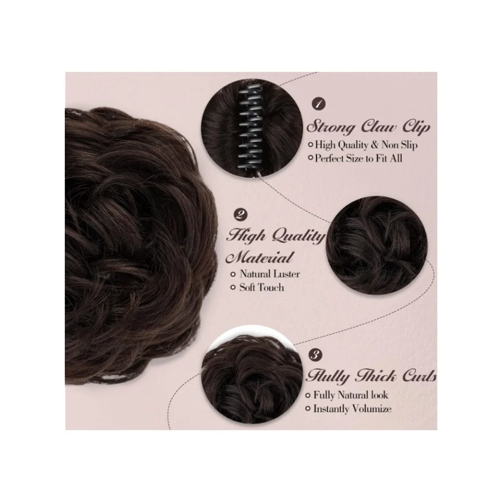 Human Hair Messy Bun Hair Piece Claw Clip Natural Curly Chignon Updo Dark Brown